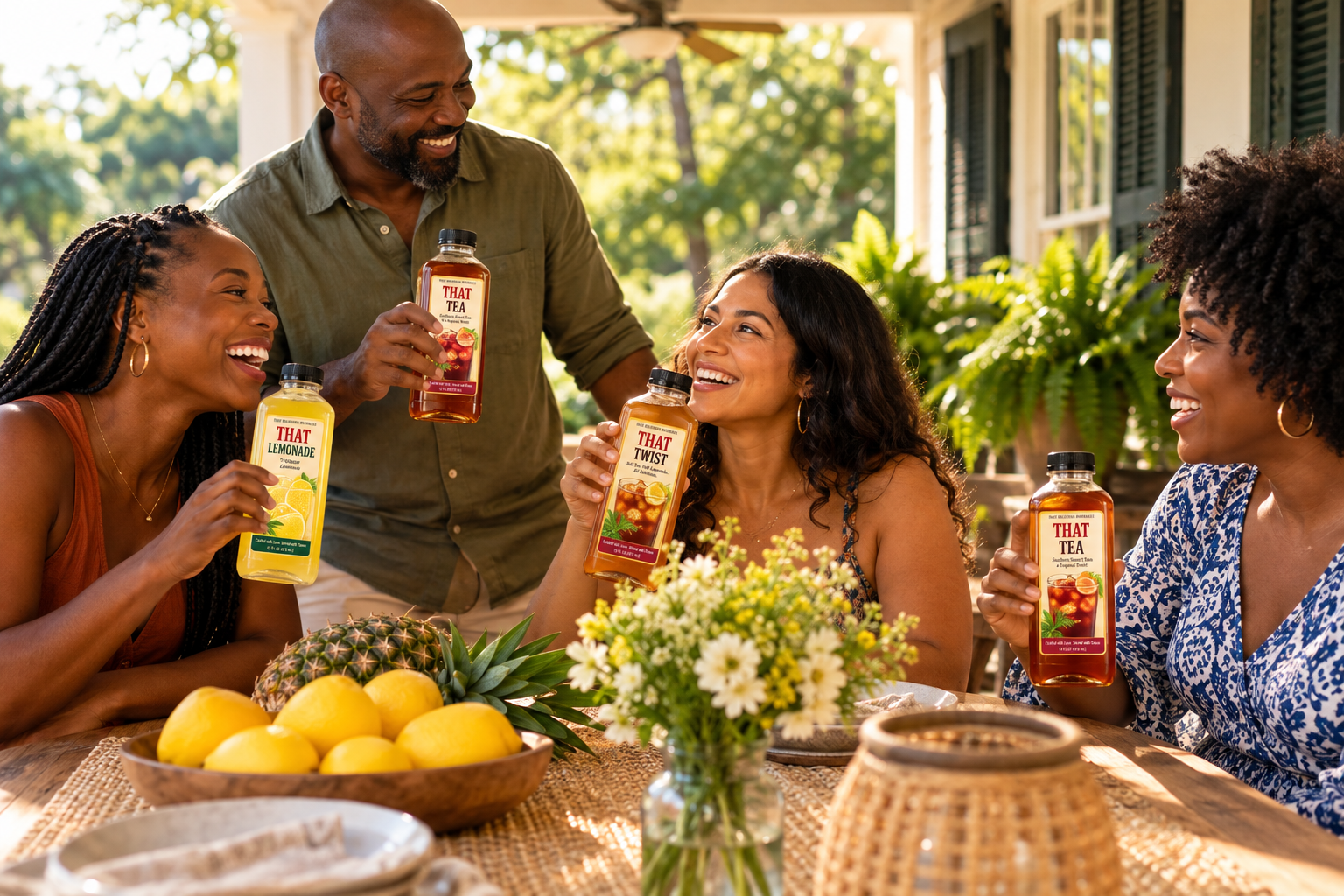 Friends enjoying THAT Lemonade, THAT Tea and THAT Twist from branded bottles in Southern sunshine